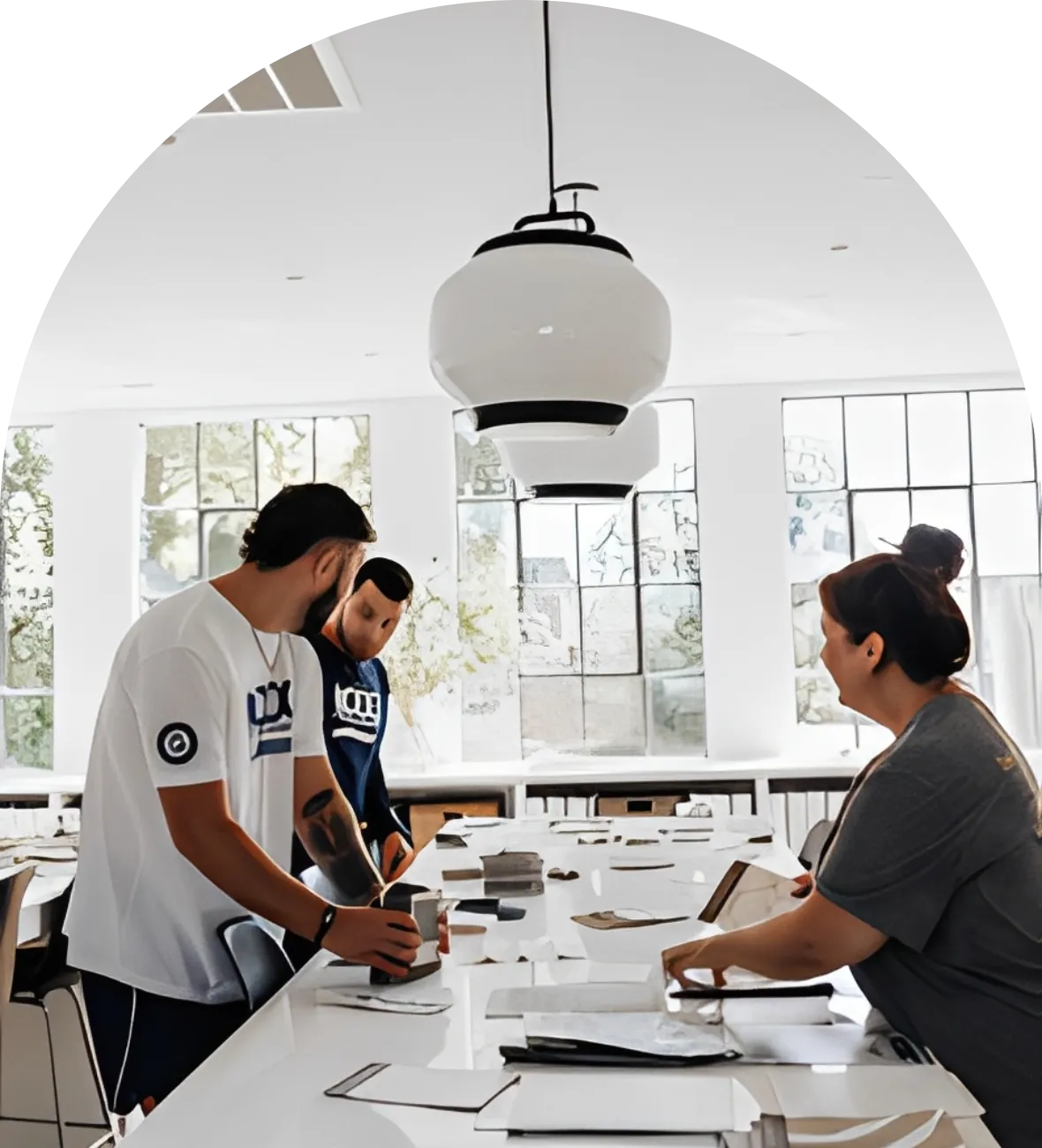 Team collaborating at bright modern office table